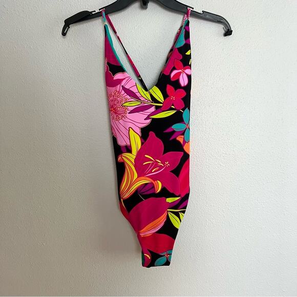 New Trina Turk Black Bright Pink Tropical Floral Print One Piece Swimsuit sz 10 - Picture 1 of 7
